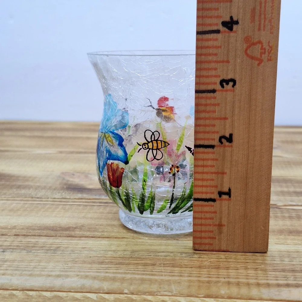 Crackle Glass Vase With Painted Flowers  3.5